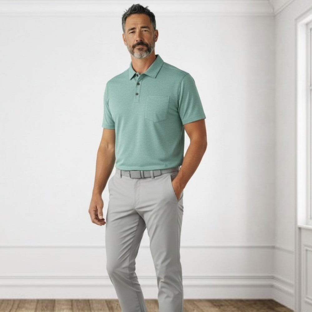 Travis Mathew Mens XL Sage Green Heathered Short Sleeve Pocket Polo Shirt